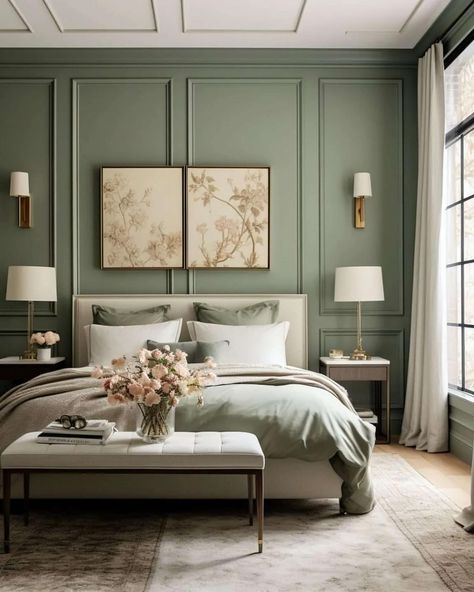 NEW BLOG POST - How to use sage green in your bedroom 💚💚 I talk a lot about the color sage green on my blog and there’s a reason for this. This beautiful shade is a soothing and contemporary hue that is versatile, and tranquil and works well with so many colors. If you are struggling to find the right color palette, a sage green bedroom is the perfect place to start. This soft, muted green hue is not just a trend; it helps promote relaxation and relieve us of our daily stresses. #sagegree... Muted Sage Green Bedroom, Green Palette Interior Design, Pale Green Room Aesthetic, Sage Gold Bedroom, Dark Green And Neutral Bedroom, Sage Green Built In Wardrobe, Light Sage Bedroom Ideas, Sage Guest Room, Pistachio Green Bedroom