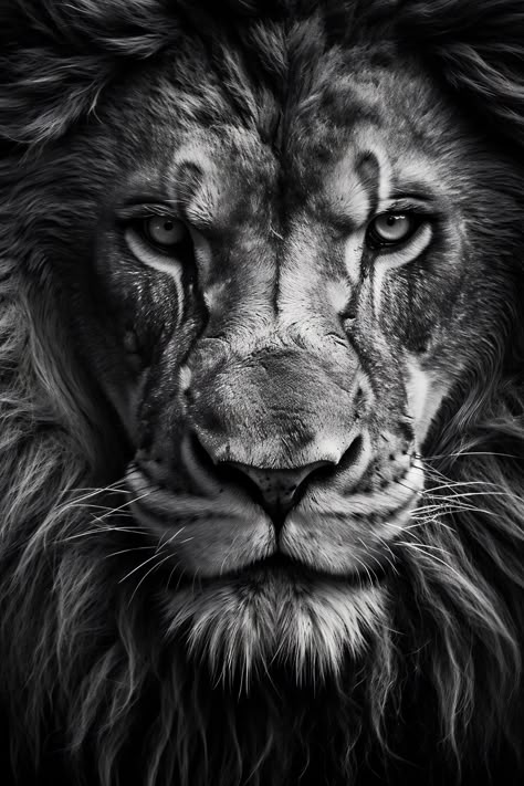 Art Reference Photos Faces Black And White, Lion Face Photography, Lion Stare, Lion Portrait Photography, Serious Portrait, Black And White Animal Photography, Lion Black And White, Black Lions, Animals Reference