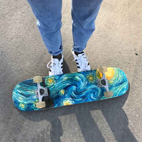 #art #ideas #create #artist #vangogh #skateboard Painting Ideas On Skateboard, Skateboard Paint Ideas, Paint Skateboard Ideas, Bottom Of Skateboard Painting Ideas, Skatbord Design, Skateboard Art Ideas, Painted Skateboard Ideas, Painted Skateboard Aesthetic, Skateboard Design Ideas Art