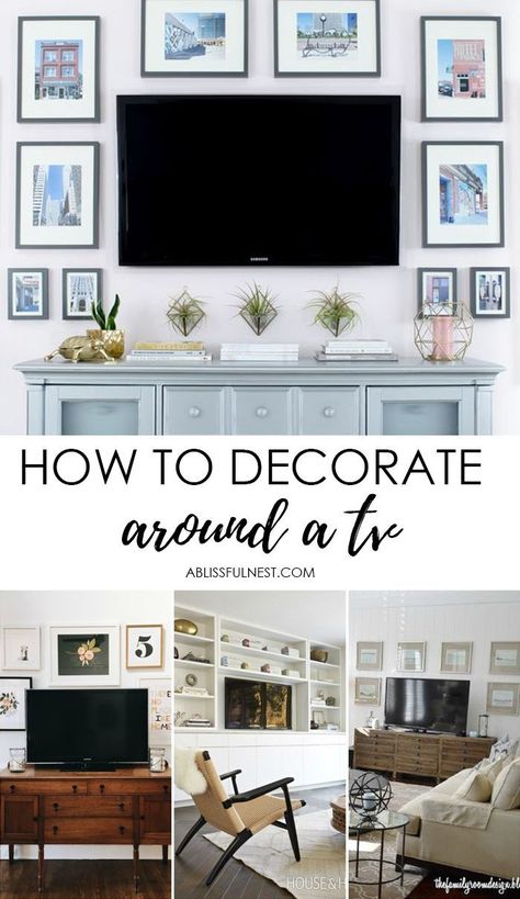 New tips and trends on how to decorate around a TV, visit http://ablissfulnest.com/ #interiors #designtips How To Decorate Around A Tv, Tv Gallery Wall, Decor Around Tv, Tv Wall Decor, Tv Wall Design, Tv Decor, Living Room Tv Wall, New Living Room, A Living Room