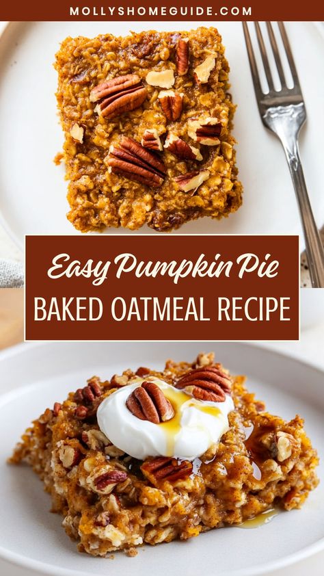 Looking for a cozy and delicious breakfast idea? Try this simple recipe for pumpkin pie baked oatmeal. This dish is the perfect blend of warm spices and hearty oats, making it a comforting meal to start your day. With pumpkin puree adding a touch of fall flavor, this baked oatmeal is sure to become a seasonal favorite in your household. Not only is it easy to make, but it also fills your kitchen with the delightful aroma of cinnamon and nutmeg. Pumpkin Recipes Oatmeal, Pumpkin Pecan Baked Oatmeal, Pumpkin Pie Oatmeal Bake, Oatmeal Pumpkin Recipes, Oatmeal With Pumpkin Puree, Pumpkin Puree Breakfast, Oatmeal Pumpkin Bread Healthy, Pumpkin Spice Baked Oatmeal, Pumpkin Oat Bake