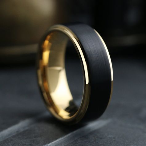 Men's Black and Yellow Gold Wedding Band - The Gatsby 3 / Men's Tungsten Yellow Gold Wedding Band Marriage Rings For Man, Black Band Rings Men, Men Wedding Band Tungsten, Black Man Wedding Ring, His Ring Wedding Bands, Black Gold Ring Mens, Men’s Black Rings, Gold Mens Rings Wedding, Black Male Wedding Bands