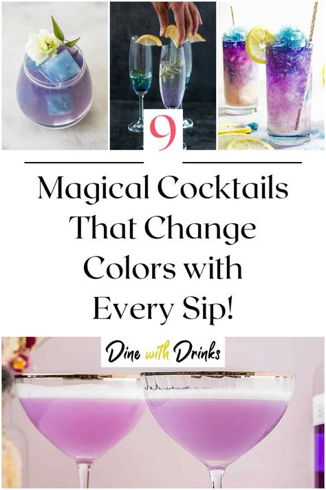 Collage of 4 color changing cocktails. Color Changing Drinks Alcohol, Enchanted Forest Drink Ideas, Psychology Themed Cocktail, Cool Looking Cocktails, Dnd Themed Drinks, Themed Cocktails Party Ideas, Purple Party Drinks, Color Changing Cocktails, Magic Mocktails