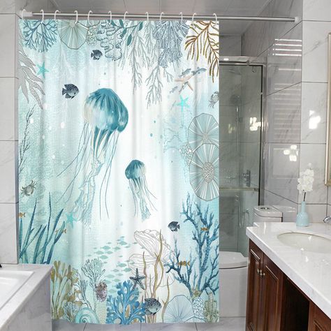 Millwood Pines Poar Shower Curtain & Reviews - Wayfair Canada Nautical Shower Curtain, Sea Bathroom, Ocean Shower Curtain, Sea Life Animals, Waffle Weave Shower Curtain, Ocean Underwater, Plastic Shower Curtain, Bathtub Decor, Fabric Shower Curtain