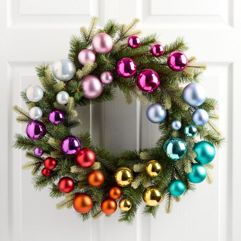 Mixed Faux Greenery with Rainbow Ornaments Wreath - World Market Pine Cones Christmas, Ornaments Wreath, Multicolor Christmas, Rainbow Ornaments, Rainbow Christmas, Rainbows Christmas, Faux Greenery, Wreaths & Garlands, Retro Decor