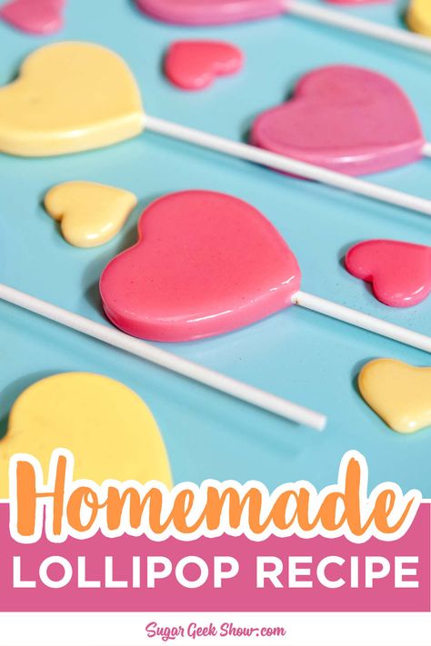 The cutest homemade heart lollipops can be made at home! Switch up your colors and flavors to whatever you want. This recipe is super simple made with just sugar, corn syrup, candy flavorings and citric acid for that true lollipop flavor! #candy #recipe #lollipop #sucker #lolly #dessert #valentinesday #heart #cute #treat Easy Lollipop Recipe, Loly Pop, Lollipops Recipe, Valentine's Desserts, Homemade Lollipops, Heart Lollipops, White Food Coloring, Hard Candy Recipes, Sugar Geek