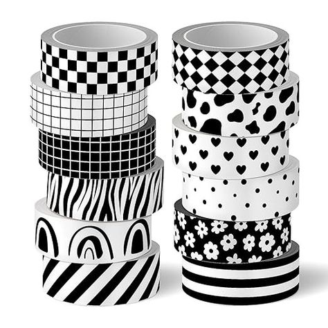 Amazon.com: Whaline 12 Rolls Black White Washi Tape Plaids Cow Stripe Floral Dots Assorted Design Masking Tape 16.4Ft × 0.6 inch Black White Decorative Washi Tape for Scrapbook Gift Wrapping DIY Art Crafts : Arts, Crafts & Sewing How To Make Washi Tape Diy, Printable Washi Tape Patterns, Black And White Washi Tape Printable, Diy Washi Tape Crafts, Cute Washi Tape Design, Bullet Journal Washi Tape Ideas, Kawaii Washi Tape Patterns, Tape Pattern, Washi Tape Crafts