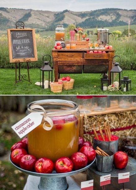 Cider Station, Apple Cider Station, Fall Wedding Table Decor, Autumn Wedding Food, Cider Bar, Fall Harvest Party, Fall Wedding Tables, Warm Apple Cider, Rustic Wedding Decorations