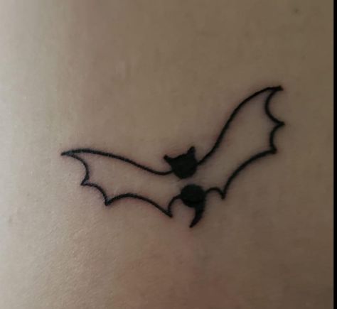 Bat Semicolon Tattoo, Cute Bat Tattoos, Goth Tatoos Ideas, Ptv Tattoo Ideas, Ruby Gloom Tattoo, Gothic Shoulder Tattoo, Coma Tattoo, Halloween Tattoo Ideas Simple, Cute Places To Get Tattoos