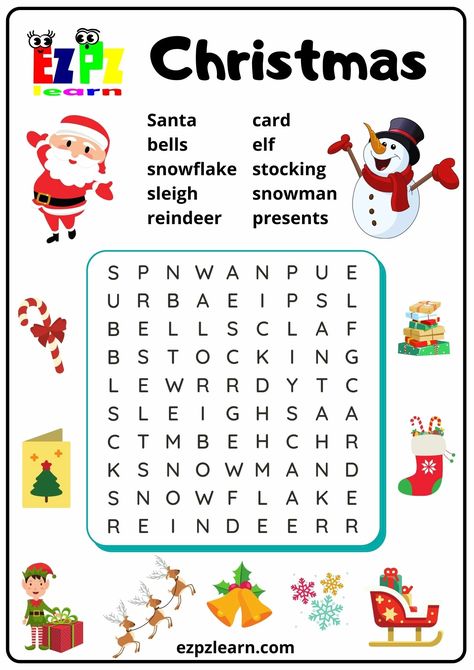 WorkSheets - Ezpzlearn.com Christmas Crosswords, Winter Worksheets For Kids, Printable Christmas Word Search, Christmas Worksheets Kindergarten, Christmas Crossword, Ingles Kids, Easy Word Search, Holiday Worksheets, Christmas Word Search