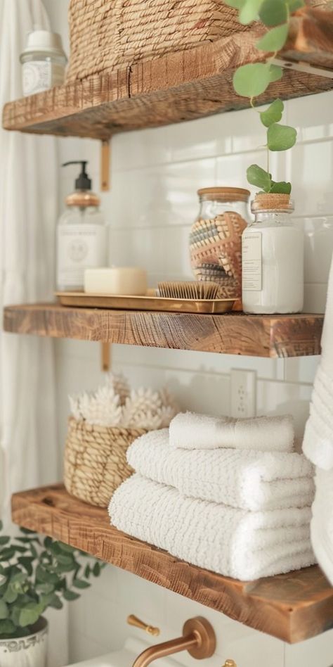 Simple Bathroom Shower Ideas, Bathroom Self Care Aesthetic, Diy Coastal Bathroom Decor, Small Rustic Boho Bathroom, County Boho Decor, Branch Display Ideas, Boho Shower Bathroom, Organic Modern Interior Design Bathroom, Bathroom Ideas With Wood Vanity