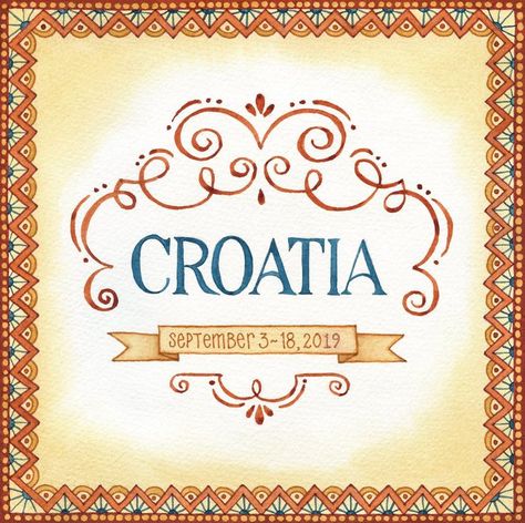 This title page for my Croatia travel journal features an elaborate hand-drawn border Journal Title Page, Croatia Art, Honeymoon Album, Hand Drawn Border, Watercolor Sketching, Travel Art Journal, Watercolor Journal, Hand Lettering Quotes, California Travel Road Trips