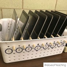 Use containers and rods to create technology storage. Makerspace Organization, Chromebook Storage, Ipad Storage, Classroom Hacks, Teaching Organization, Classroom Organisation, Classroom Storage, Flexible Seating, New Classroom