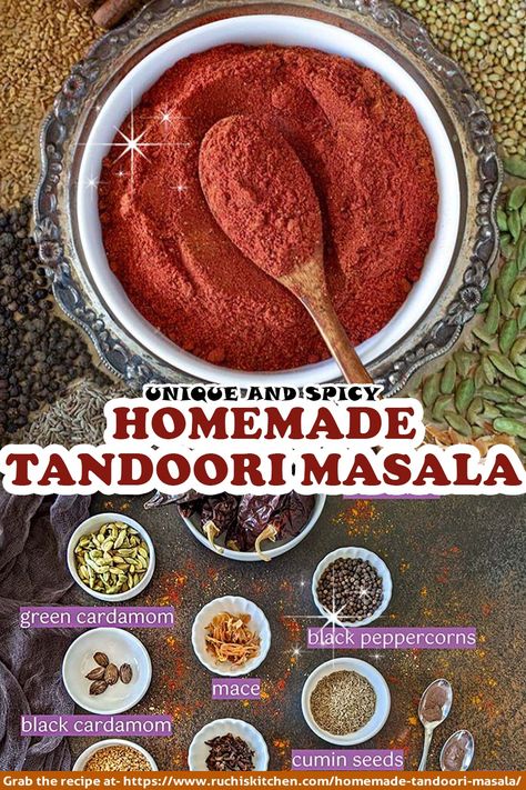 Make your very own Homemade Tandoori Masala with this simple and easy step-by-step recipe. This Tandoori masala is made with assorted spices that lend their unique flavors and aromas to any dish! #glutenfreespicemix, #homemade #tandoorimasala #veganspicemix #Indiantandoorimasala Tandoori Masala Recipe, Masala Spice Blend, Indian Spice Mix, Spice Blends Recipes, Homemade Spice Mix, Spice Mix Recipes, Homemade Spice Blends, Tandoori Masala, Masala Spice