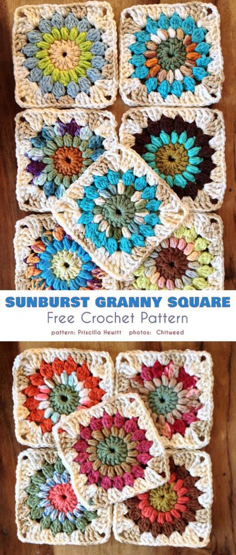 Crochet Starburst Granny Square Free Pattern, Crochet Grammy Square Blanket Patterns, Circle Granny Square Pattern Free, Sun Burst Crochet Granny Squares, Crochet Sunburst Granny Square Free Pattern, Round Granny Square Pattern, Colorful Granny Square Crochet Pattern, Granny Square Sunburst Pattern, Crochet Sunburst Granny Square Pattern