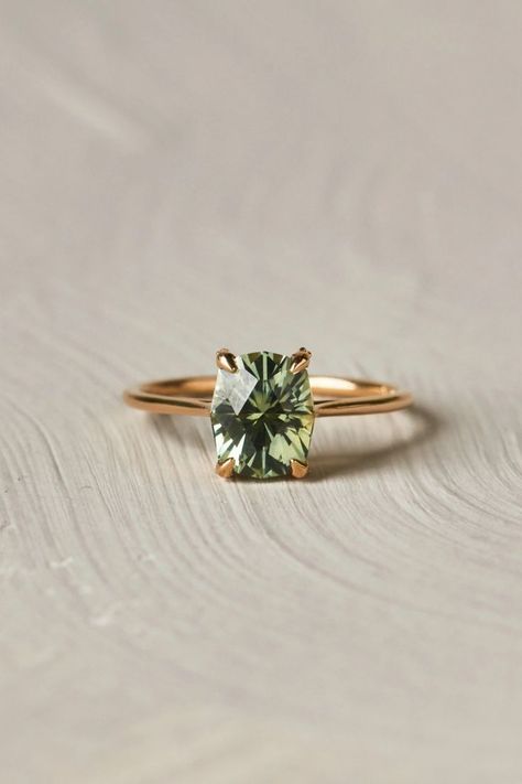 pear green sapphire engagement ring Pastel Sapphire Engagement Ring, Not Traditional Wedding Rings, Green Sapphire Engagement Ring Gold, Green And Gold Engagement Ring, Sage Green Engagement Ring, Green Wedding Rings, Green Engagement Rings, Green Sapphire Engagement, Green Sapphire Engagement Ring