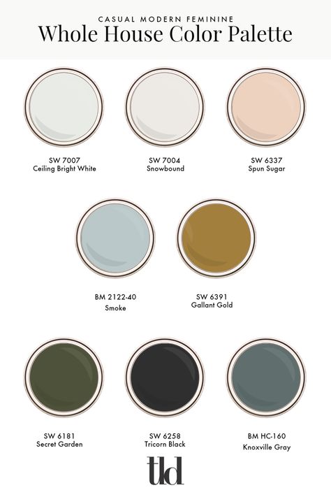 Modern Vintage Color Scheme, Studio Mcgee Living Room Paint Colors, House Color Schemes Interior Modern, Whole House Design Scheme, While House Color Palette, Transitional Color Palette For Home, Heritage Color Palette, House Color Pallet Interiors, French Cottage Color Palette