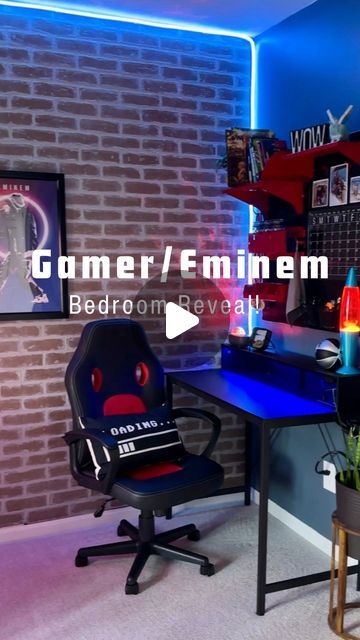 Melissa | DIY and Decor| on Instagram: "🎮 Gamer/Eminem Room Reveal!🔥  He wanted a “gamer/Eminem room,” so a gamer/Eminem room is what he got! This has been such a fun space to pull together (once I got over the fear of neon lights and video game decor 😂). This year I let both kids design their own rooms and it has been so awesome (and colorful) to see their visions come to life. What’s your take on letting kids design their rooms? Do you prefer to keep them in line with the style of your home or do you let their personalities shine through?! Head to stories to see some throw back pics of MY childhood bedroom…spoiler, DIY 90s decor coming at ya!  #oneshot #boysbedroom #gamerroom #eminemfan #bedroommakeover" Small Bedroom Ideas For Men Gaming, Small Computer Room Ideas, Gamer Bedroom Decor Ideas, Ps5 Gaming Setup Bedroom, 10 Year Boy Room Ideas, Boy Gaming Bedroom, Boys Gamer Room Bedroom Ideas, Boy Bedroom Ideas Teen, Gamer Boy Bedroom Ideas