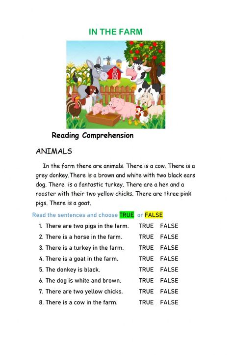 Farm Lessons, Farm Animals Activities, Reading Comprehension For Kids, Reading Comprehension Lessons, Farm Preschool, English Activities For Kids, English Exercises, Farm Activities, English Lessons For Kids