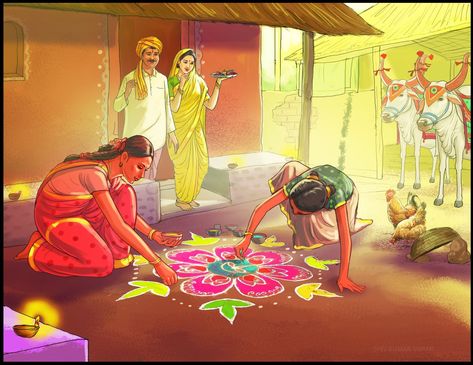 Diwali Drawing Ideas, Artstation Illustration, Memory Illustration, Diwali Painting, Festival Paint, Diwali Drawing, Memory Drawing, Diwali Greeting, Composition Drawing