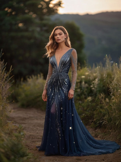 Feyre Cosplay Dress, Feyre Starfall Gown, Dark Blue Fantasy Gown, Feyre Blue Dress Acotar, Acotar Ball Outfits, Night Court Ball Gown, Water Like Dress, Feyre Inspired Outfit, Starfall Ball Gown