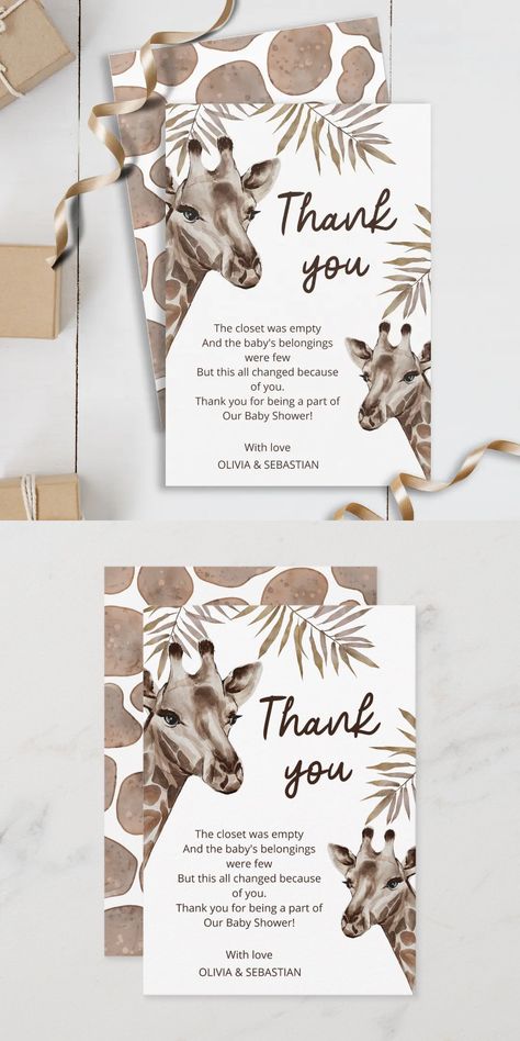 Oh Baby Mama and Baby Giraffe Neutral Baby Shower Thank You Card Oh Baby. Adorable design featuring funny watercolor Mama and Baby Giraffe, tropical leaves and Giraffes skin pattern on the back. This invitation card is gender neutral and can work for both baby girls and boys. You can add your own details very easily by using the template field. Giraffe Baby Shower Theme, Giraffe Baby Shower Invitations, Funny Watercolor, Baby Shower Invites Neutral, Safari Baby Shower Invitations, Animal Baby Shower Invitations, Baby Shower Giraffe, Mama And Baby, Free Baby Shower