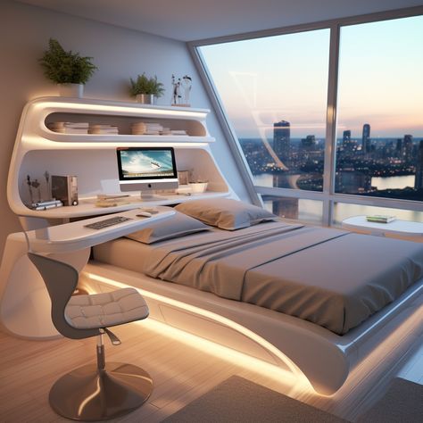 Step into a futuristic urbanity with white computer desks and beds, featuring whimsical skylines and organic contours. #FuturisticBedroom #Urbanity #StudyPlace #Seapunk #32KUHD #Cabincore Futuristic Interior Bedroom, Room Inspo Futuristic, Bedroom Ideas Futuristic, Futuristic Room Ideas, Bedroom Futuristic, Futuristic Bunk Beds, Cozy Futuristic Bedroom, Futuristic Bedroom Design, Futuristic Bedroom Ideas