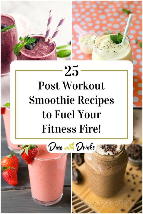 Collage of 4 post workout smoothie recipes. Dessert Recipes Easy Healthy, Healthy Post Workout Smoothie, Easy Healthy Dessert Recipes, Workout Recovery Smoothie, Post Workout Smoothie Recipes, Workout Smoothie Recipes, Fitness Smoothies, Pre Workout Smoothie, Recovery Smoothie