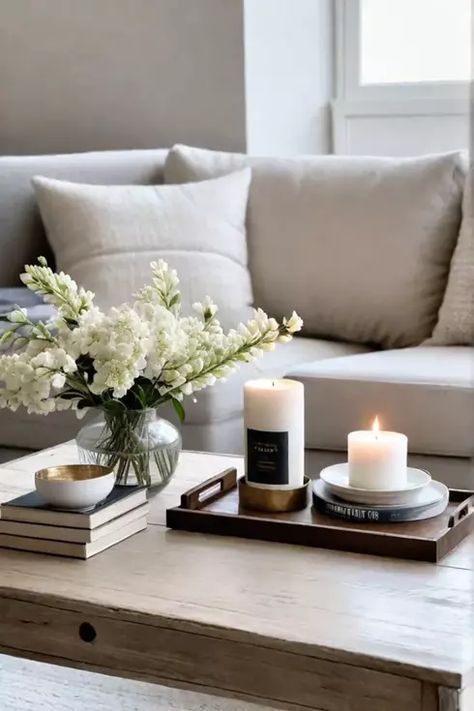 Coffee table styling with wooden tray and neutral tones Small Rectangular Coffee Table Styling, Square Wood Coffee Table Decor, Sectional Couch Coffee Table, Decorative Tray Decor, White Coffee Table Styling, Functional Coffee Table Decor, Light Couch Dark Coffee Table, Candle On Coffee Table, Flowers On Coffee Table