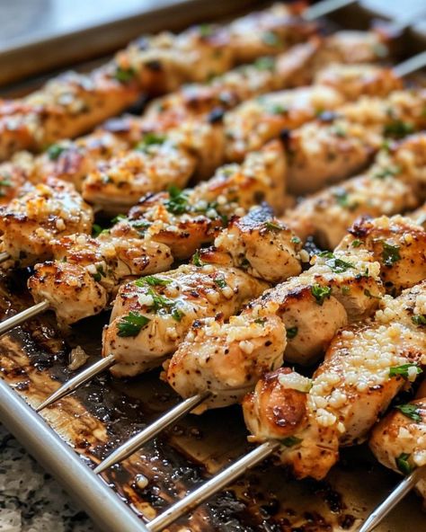 This is my hubby's kryptonite; he just can't resist asking for more Garlic Parmesan Chicken Skewers, Parmesan Chicken Skewers, Light Pasta, Grilled Dinner, Kabob Recipes, Southern Kitchen, Fry Recipes, Grilled Cheese Recipes, Garlic Parmesan Chicken