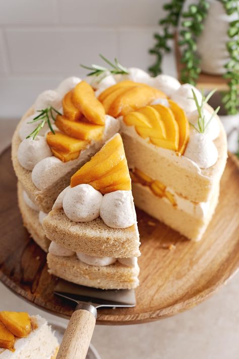 Ube Cookies, Peaches And Cream Cake, Spiced Whipped Cream, Tiny Cakes, Peach Cake, Cake Layers, Fresh Peaches, Peaches And Cream, Canned Peaches