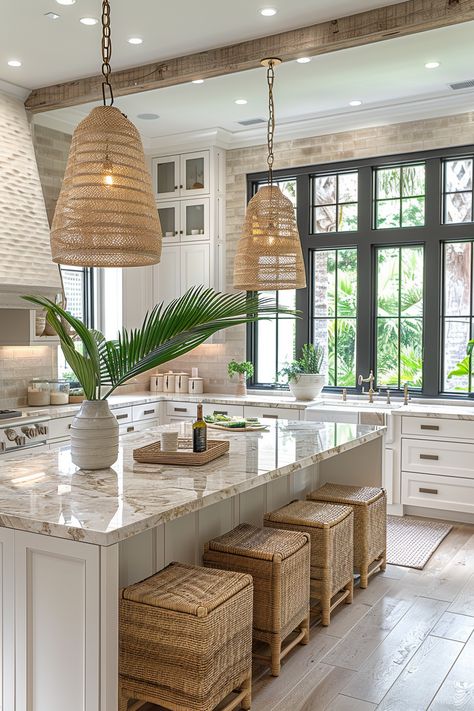 Are you looking for ways to bring the beach to your home? Get inspired by these 34 dreamy coastal kitchen ideas! From breezy color palettes to nautical accents, you will find inspiration to create a relaxing and stylish kitchen with seaside charm. All White Beach House Interiors, Amber Interiors Beach House, Bringing The Outside In Interiors, Beach Houses Kitchen, Beach House Colorful Interior, Modern Beach House Interior Design Kitchen, Coastal Inspired Interior Design, Light Colored Interior Design, Tropical Interior Design Kitchen