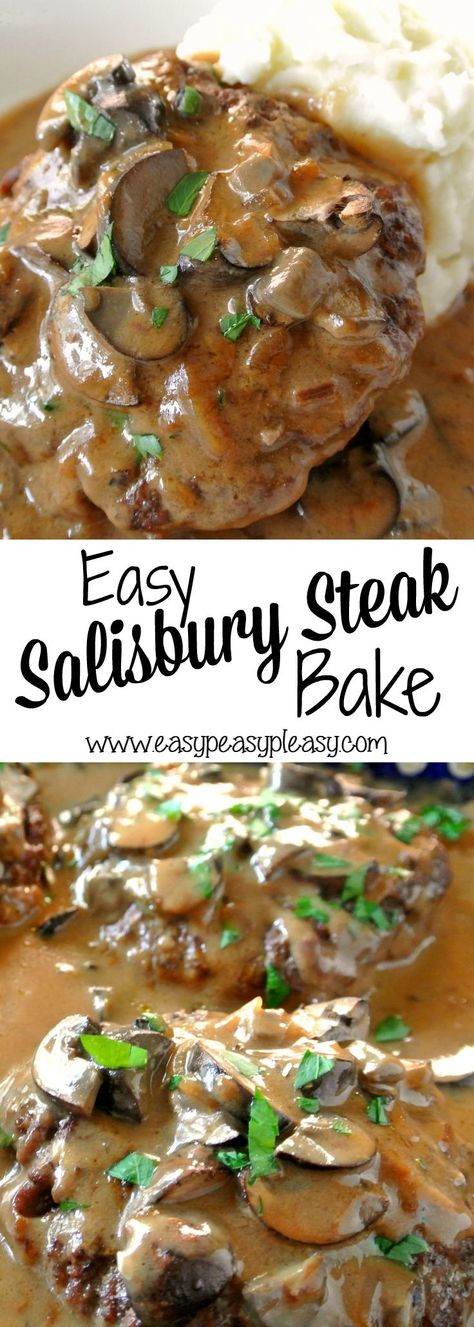 Why stand over the stove when you can let the oven do the work for you! Checkout this easy and oh so delicious way to bake Salisbury Steak! Baked Salisbury Steak Recipe, Steak Bake, Steak With Mushrooms, Easy Salisbury Steak, Baked Steak, Cube Steak Recipes, Salisbury Steak Recipes, Easy Steak Recipes, Easy Steak