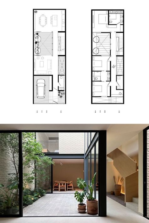 Narrow Villa Design, Narrow Townhouse Interior, 7x10 House Plan, Art Deco Townhouse, Townhouse Plans Layout, Townhouse Designs Plan, Narrow House Elevation, 150 Sqm House Design, Apartment Layout 2 Bedroom