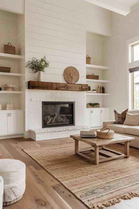 15 Stylish Shiplap Fireplace Ideas to Transform Your Living Space – Everyday Inspo Fireplace On Carpet Living Rooms, Shiplap Fireplace With Brick Hearth, Living Room French Country Modern, Modern Farmhouse Remodel Ideas, Painted Shiplap Living Room, 2 Fireplaces In One Room, Living Room Update Ideas, Florida Fireplace Ideas, Light Wood Fireplace Mantle