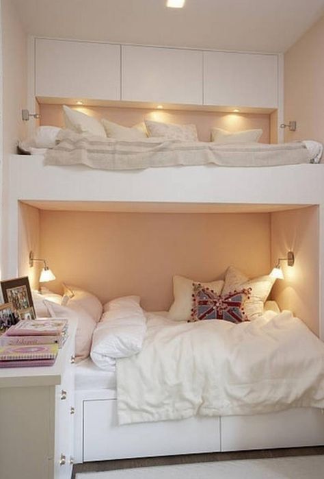 Bunk beds are great space-savers. This set has storage in both upper and lower deck.    But there seem to be a a couple of design flaws - or am I missing something? Modern Bunk, Modern Bunk Beds, Bunk Bed Designs, Dekorasi Kamar Tidur, Cozy Room, Dream Rooms, Dream Bedroom, My New Room