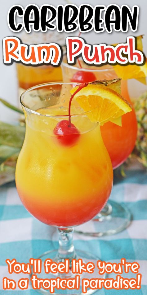 This Caribbean rum punch cocktail combines fruit juices with light and dark rum for a sweet and refreshing summer drink. As pretty as it is delicious, it’s guaranteed to make you feel like you’re in a tropical paradise! Carribean Rum Punch Cocktail, Carribean Rum Punch, Light Rum Drinks, Caribbean Rum Punch Recipe, Jamaican Rum Punch Recipes, Dark Rum Drinks, Caribbean Rum Punch, Light Summer Drinks, Rum Drinks Easy