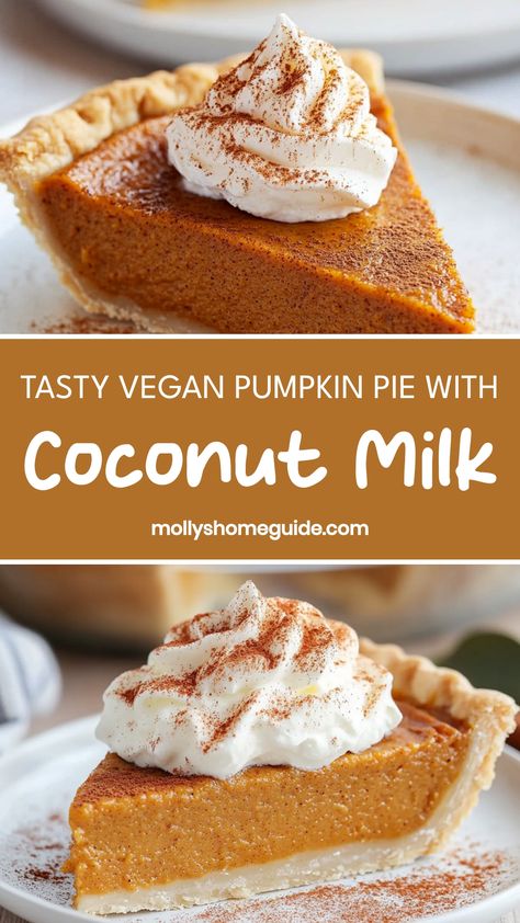 Indulge in the irresistible flavors of a vegan pumpkin pie made with creamy coconut milk. This dairy-free dessert is a perfect treat for any occasion, from cozy fall gatherings to holiday celebrations. Enjoy the rich and comforting taste of pumpkin spice combined with the subtle sweetness of coconut. Whether you follow a plant-based diet or simply love trying new recipes, this vegan pumpkin pie is sure to be a crowd-pleaser. Vegan Dairy Free Dessert Recipes, Vegan Recipes Dairy Free, Vegan Gf Pumpkin Pie, Coconut Milk Pumpkin Pie Recipe, Vegan Pumpkin Pie Graham Cracker Crust, Plant Based Pumpkin Pie, Pumpkin Pie Vegan Recipe, Vegan Gf Pumpkin Dessert, Vegan Pumpkin Pie With Sweetened Condensed Coconut Milk