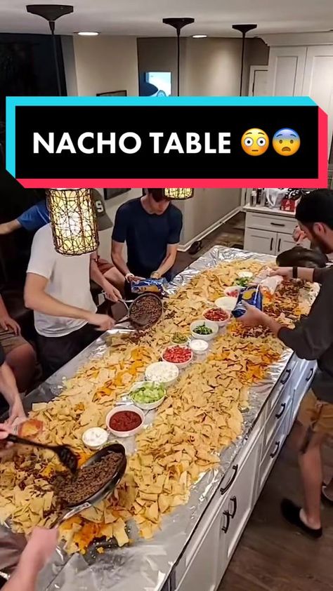 Giant Nacho Table, Kitchen Island Nacho Bar, 123123 Party, Dip Night With Friends, Table Dump Dinners, Nacho Party Table, Dump Dinners On Table, Friend Compound, Nachos Table Party