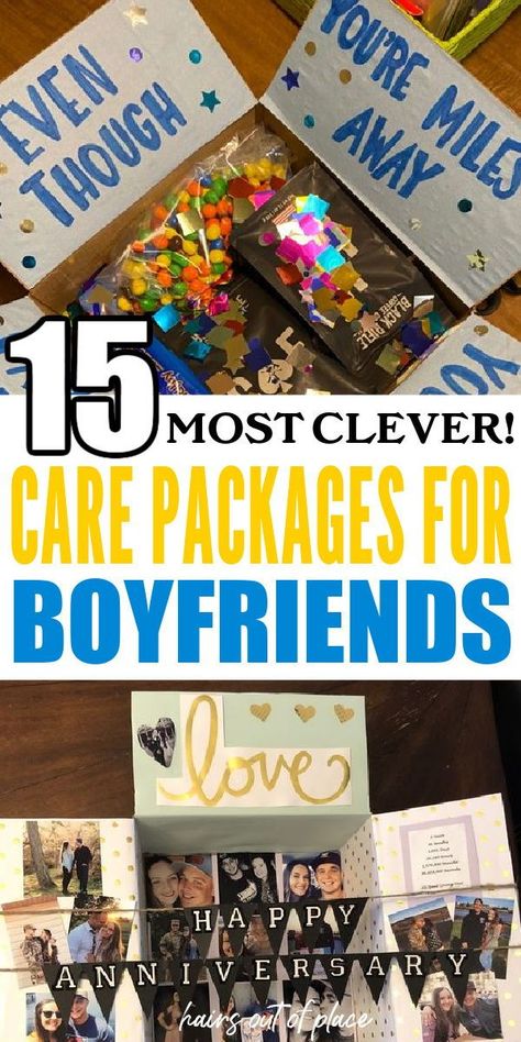 The cutest, most easy gift ideas for your boyfriend look something like these 15 care package ideas! This is the BEST way to let your man know you're thinking of him and is a fun surprise for him to enjoy. If you're needing a good gift idea for your boyfriend for any kind of occasion, care packages are the way to go! Care Package Ideas For Long Distance Boyfriend, College Care Package Boyfriend, Monthly Care Package Ideas, Cute Care Package Ideas For Boyfriend Long Distance, Care Package For Husband, Boyfriend Welcome Home Ideas, Men’s Care Package Ideas, Care Package Ideas For Boyfriend Sick, Birthday Package Ideas For Him