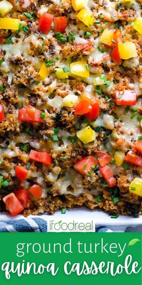 This Ground Turkey Quinoa Casserole is a budget friendly crowd pleaser. Perfect for using up leftover quinoa, or to freeze or make ahead. Ground Beef Quinoa Casserole, Quinoa And Ground Turkey Recipes, Black Bean Quinoa Casserole, Salad With Ground Turkey, Artichoke Quinoa, Easy Healthy Casseroles, Quinoa Casserole Recipes, Quinoa Skillet, Ground Turkey Casserole