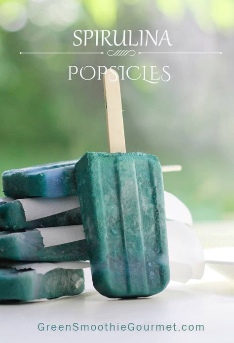 blue spirulina popsicles by Green Smoothie Gourmet Spirulina Popsicles, Cucumber Popsicles, Juice Cart, Protein Popsicles, Spirulina Recipes, Amazing Smoothie Recipes, Smoothie Popsicles, Healthy Popsicles, Food World