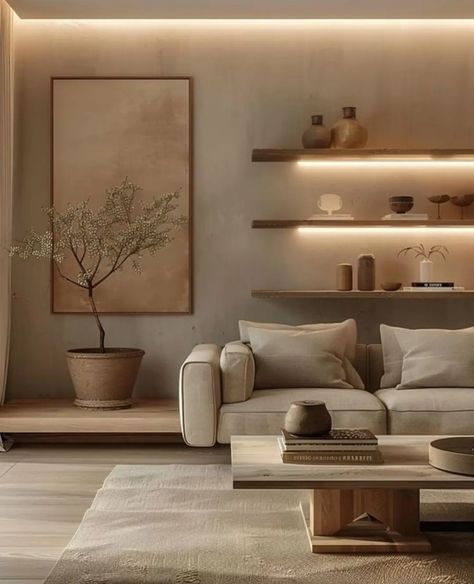 Home Japandi Style, Natural Texture Home Decor, Dream Home Ideas Living Room, Japandi Home Style, Deco Wall Ideas, Beige House Interior, Japandi Interior Design Living Room, Beige Aesthetic Home, Japandi Interiors Living Room