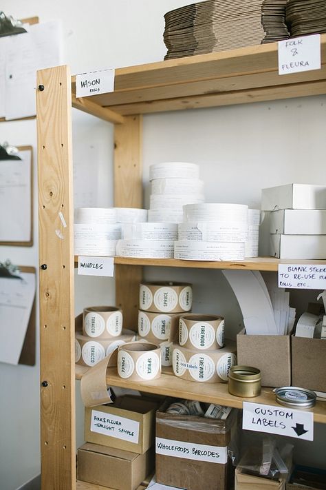 MASTERS OF THEIR CRAFT // BROOKLYN CANDLE STUDIO - CHAR co. Studio Business Decor, Home Decor Small Business, Candle Supply Storage, Packing Station Small Business, Office Shelves Organization, Candle Storage Ideas, Candle Studio Ideas, Small Business Workspace, Small Business Studio