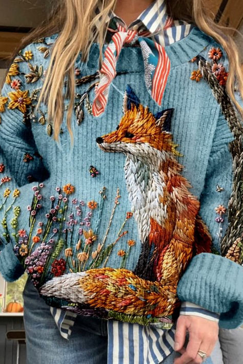 🍁🎃🦊Fox, maple leaves and pumpkins. Your fall wardrobe needs an update. Fashion never goes out of style . #LinenSet #Linen #Cotton #Dresses #Jumpsuit🛒 Up to 49% off this week Fall Knit Sweater, Fall Knitting, Fox Embroidery, Maple Leaves, Embroidery Art, Blue Sweaters, Cotton Dresses, Crew Neck Sweater, Neck Sweater