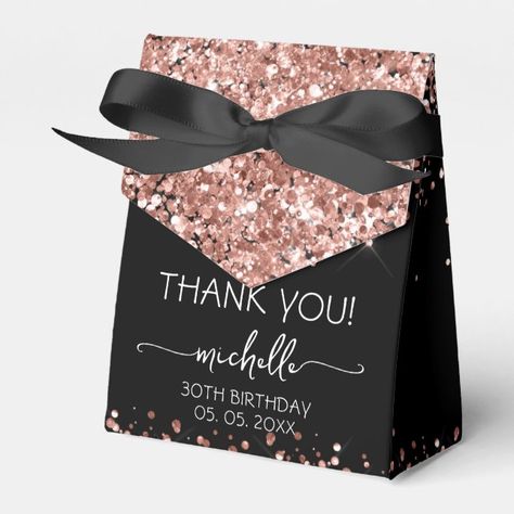 Elegant Modern Girly Rose Gold Glitter Monogram Name Personalized 30th (or any age) birthday Thank You Favor Box. This design featuring your first name in a pretty hand lettered style swash tail font signature typography (or calligraphy) above faux rose gold glitter on black background. Great for handing out, gifts, guest gifts and treats during an upcoming birthday party, sweet 16 birthday, baby shower, BBQ, bridal shower, wedding reception, bachelorette party, anniversary and more. #affiliate Black Silver And Rose Gold Party, Rose Gold And Black Party Theme Ideas, Rose Gold And Black Birthday Party, Rose Gold Themed Birthday Party Ideas, Black And Rose Gold Party Decorations, Rose Gold And Black Wedding Theme, Rose Gold And Black Party Theme, Rose Gold Birthday Theme, Pink Black Gold Party