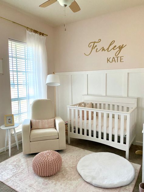 Pink White Nursery Ideas, Nursery Wall Accent Ideas, All White Nursery Girl, Pink And White Nursery Walls, Blush Pink Baby Nursery, Pink White Gold Nursery, Waynes Coating Nursery Wall, Light Pink Baby Nursery, Baby Girl Accent Wall Nursery