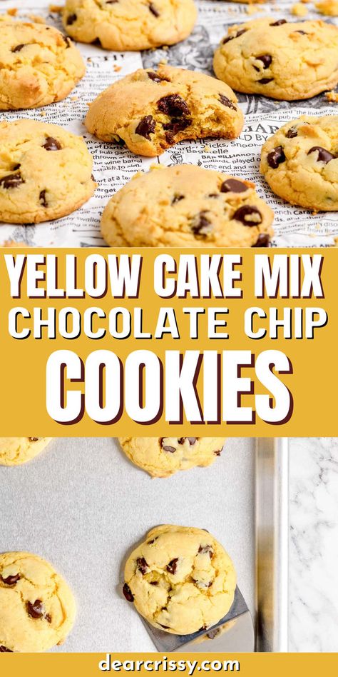 Indulge in the ultimate cookie experience with these Yellow Cake Mix Chocolate Chip Cookies! Combining the rich flavors of yellow cake and gooey chocolate chips, this quick and easy cookie recipe promises soft, chewy perfection in every bite. With just a few simple ingredients, you’ll create a delightful treat that’s sure to impress family and friends at any gathering. Chocolate Chip Cake Cookies Recipes, Chocolate Chip Cookie Cake Mix Recipe, Yellow Cake Chocolate Chip Cookies, Cake Mix Chocolate Chip Cookies Recipes, Yellow Box Cake Mix Cookies, Chocolate Chip Cookies Cake Mix Recipes, Butter Golden Cake Mix Cookies, Yellow Cake Cookie Bars, Cakemix Cookies Chocolate Chip