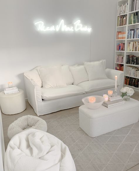 Living room. White sofa. White couch. Bedroom Decor With Couch, White Couch White Coffee Table, Room Ideas Aesthetic With Couch, Couches In Bedroom, Couch Area In Bedroom, Sofa For Bedroom Couch, Room With Couch And Bed, Room Couch Ideas Bedrooms, Couch In Room Bedroom