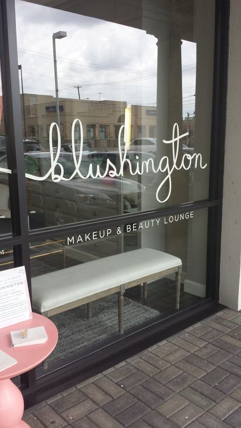 Blushington Dallas #makeup #salon Small Beauty Salon Ideas, Salon Window Display, Beauty Bar Ideas, Beauty Bar Salon, Makeup Studio Decor, Salon Interior Design Ideas, Nail Salon Interior Design, Exterior Window, Hair Salon Interior